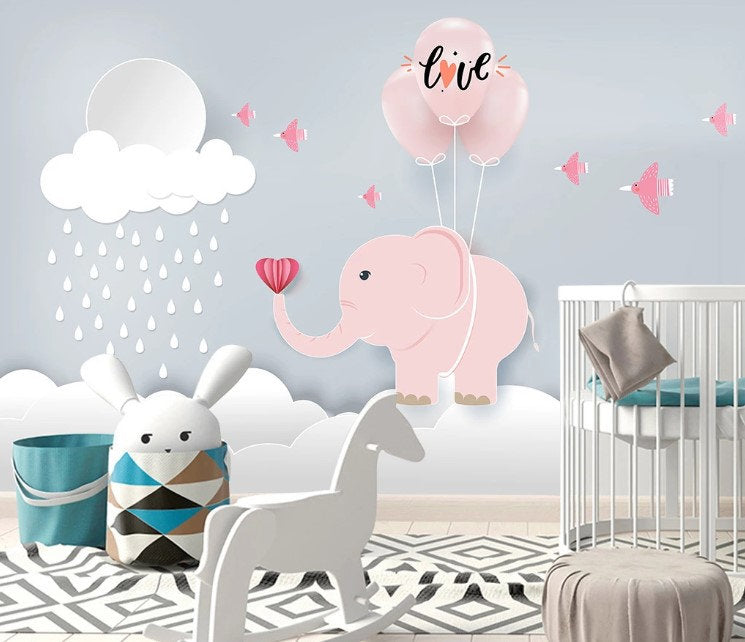 Cute Pink Baby Elephant Balloons Birds Rain Cloud Wallpaper Self Adhesive Peel and Stick Wall Sticker Wall Decoration Scandinavian Removable