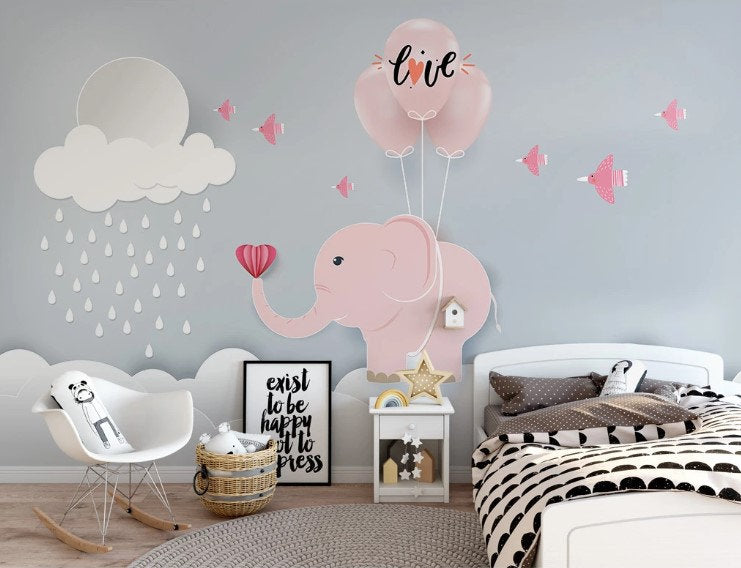 Cute Pink Baby Elephant Balloons Birds Rain Cloud Wallpaper Self Adhesive Peel and Stick Wall Sticker Wall Decoration Scandinavian Removable