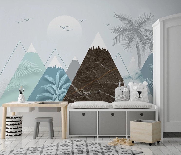 Abstract Triangle Snowy Row of Mountains Palm Tree Wallpaper Self Adhesive Peel & Stick Wall Sticker Wall Decoration Scandinavian Removable