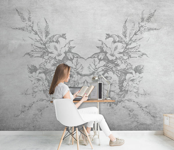 Abstract Flowers on the Gray Background Wallpaper Self Adhesive Peel & Stick Wall Sticker Wall Decoration Scandinavian Design Removable