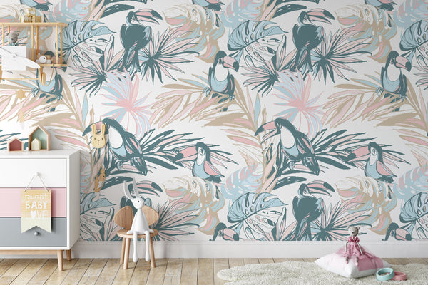 Hand Drawn Sketch Tropical Palm Leaves with Toucan Bird Parrots Wallpaper Self Adhesive Peel & Stick Wall Sticker Wall Decoration Removable