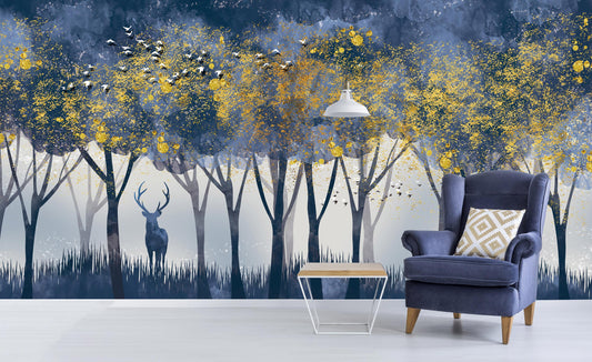 Dark Blue Jungle Forest Deer Christmas Tree Wallpaper Office Cafe Bathroom Restaurant Living Room Bedroom Wall Decor Mural Art