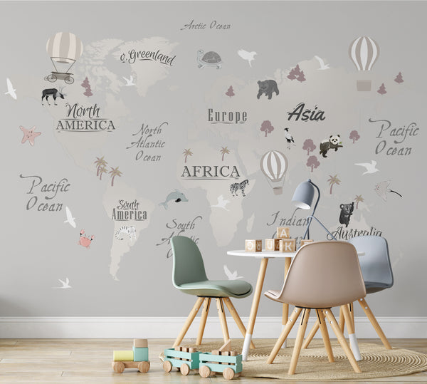 Animals World Map for Kids Wallpaper Design Self Adhesive Peel and Stick Wall Sticker Wall Decoration Removable