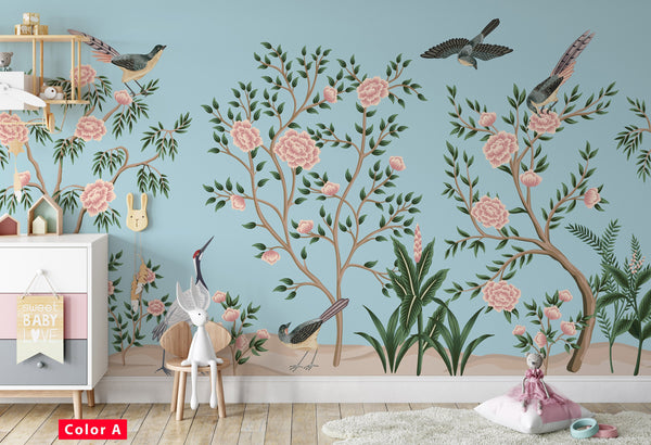 Garden Tree Birds Crane Floral Pink Flowers Blue Background Wallpaper Self Adhesive Peel and Stick Wall Sticker Wall Decoration Removable