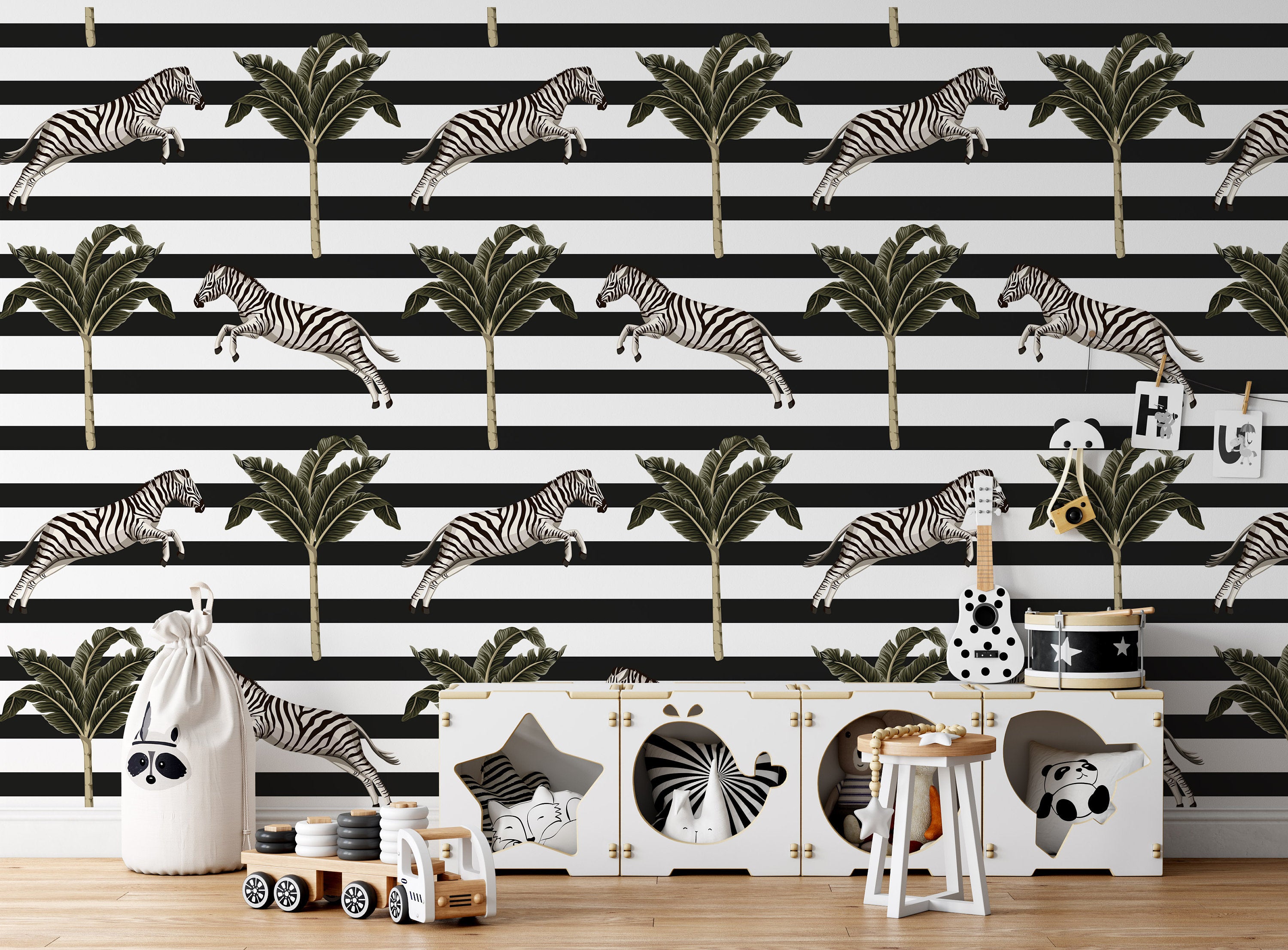 Tropical Banana Tree Zebra Running Wildlife Animal Floral Wallpaper Self Adhesive Peel and Stick Wall Sticker Wall Decoration Removable