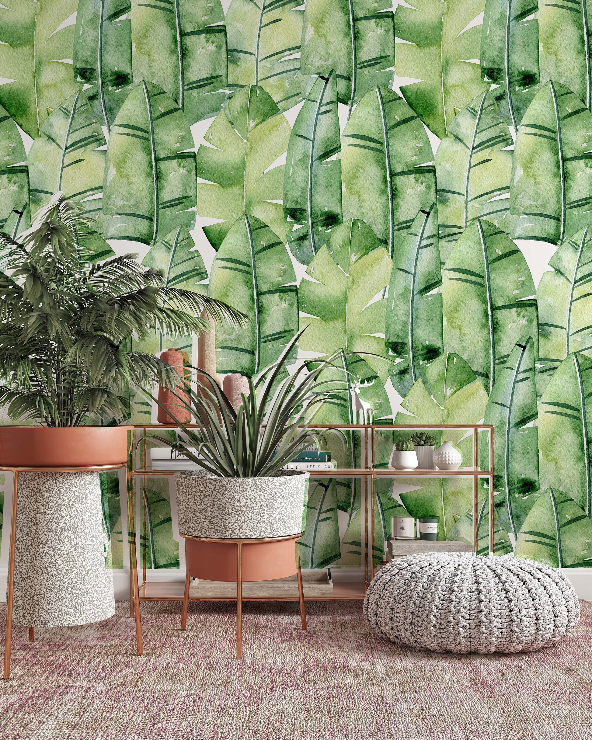 Tropical Watercolor Green Leaves Wallpaper Self Adhesive Peel and Stick Wall Decoration Minimalistic Scandinavian Design Removable