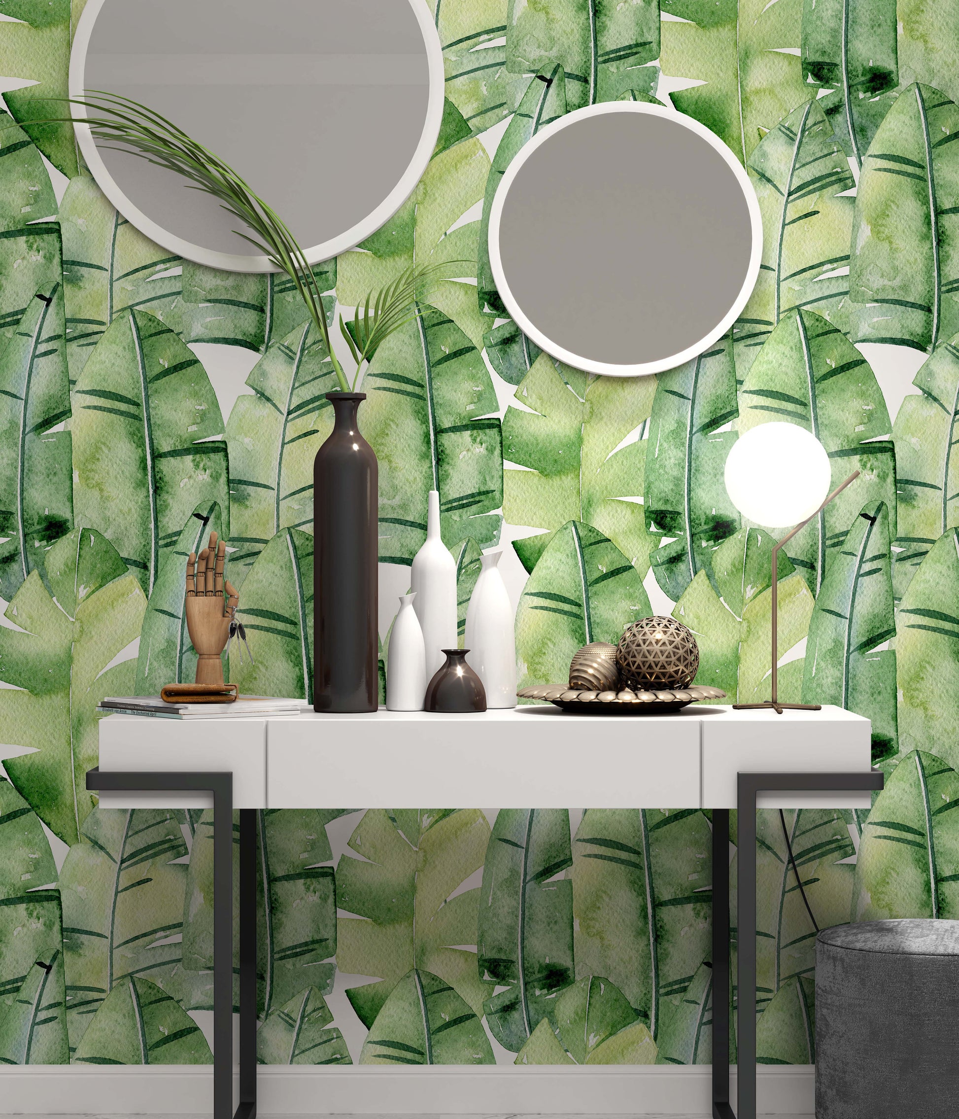 Tropical Watercolor Green Leaves Wallpaper Self Adhesive Peel and Stick Wall Decoration Minimalistic Scandinavian Design Removable