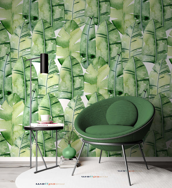 Tropical Watercolor Green Leaves Wallpaper Self Adhesive Peel and Stick Wall Decoration Minimalistic Scandinavian Design Removable