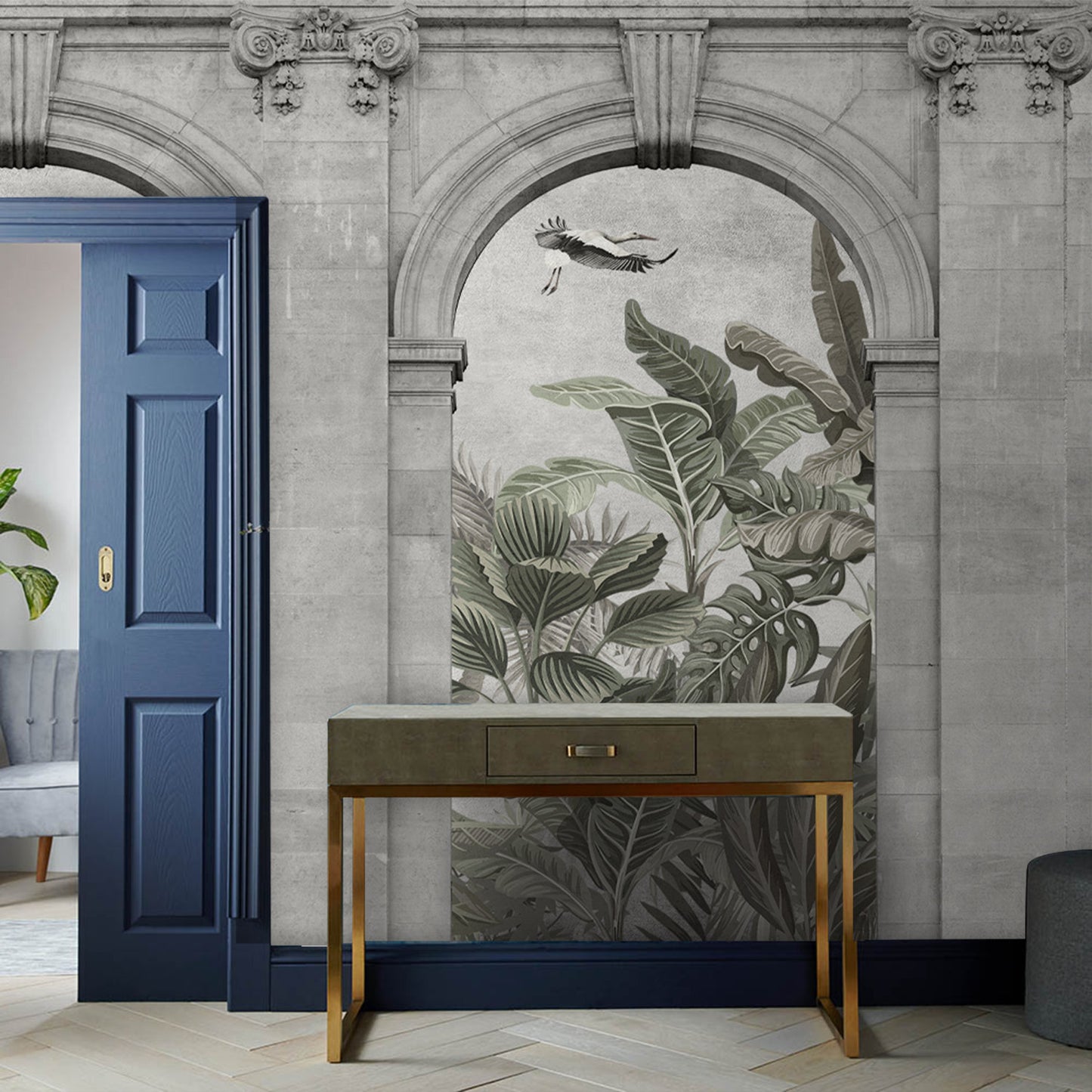 Architectural Building Door Green Plants Wallpaper Self Adhesive Peel and Stick Wall Decoration Minimalistic Scandinavian Design Removable