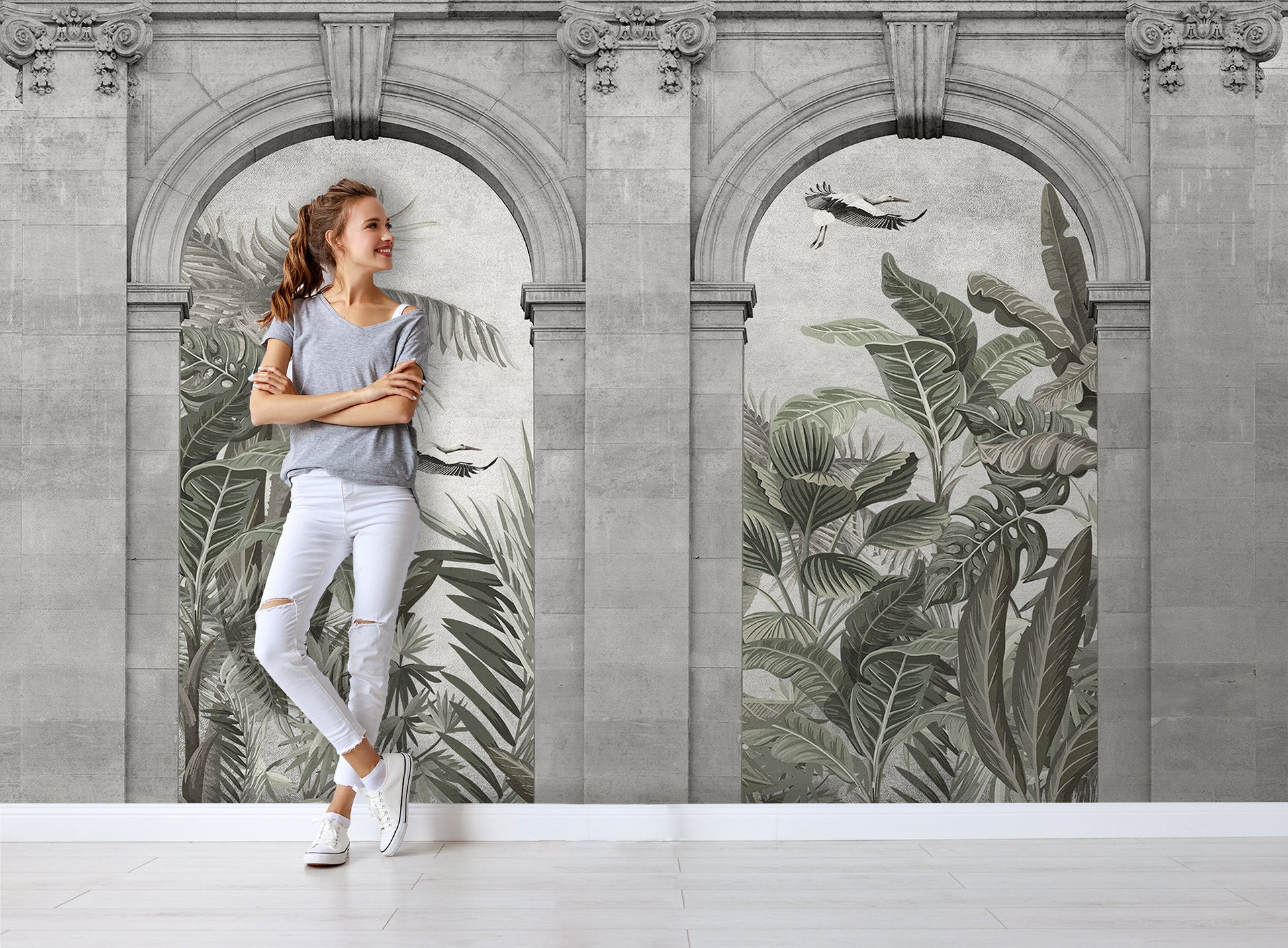 Architectural Building Door Green Plants Wallpaper Self Adhesive Peel and Stick Wall Decoration Minimalistic Scandinavian Design Removable