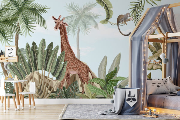 Tropical Jungle and Giraffe Monkey Animals Wallpaper Self Adhesive Peel and Stick Wall Sticker Wall Decoration Removable