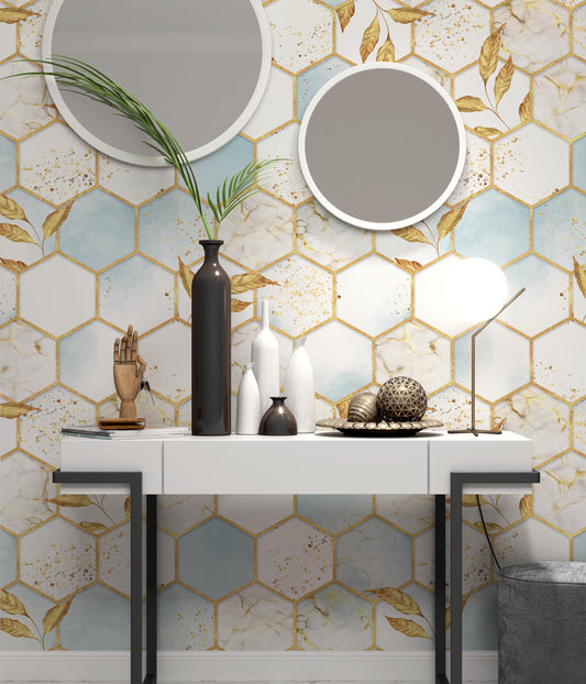 Marble Hexagon Texture with Golden Leaves Abstract Geometric Background Wallpaper Self Adhesive Peel & Stick Wall Sticker Wall Decoration