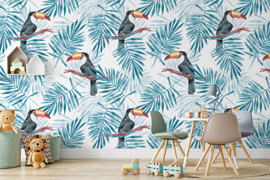 Palm Leaves Toucan Watercolor Pattern Wallpaper Self Adhesive Peel & Stick Wall Sticker Wall Decoration Minimalistic Scandinavian Removable