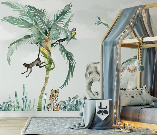 Leopard Elephant Monkey Birds Banana Palm Leaves Wallpaper Self Adhesive Peel & Stick Wall Sticker Wall Decoration Scandinavian Removable