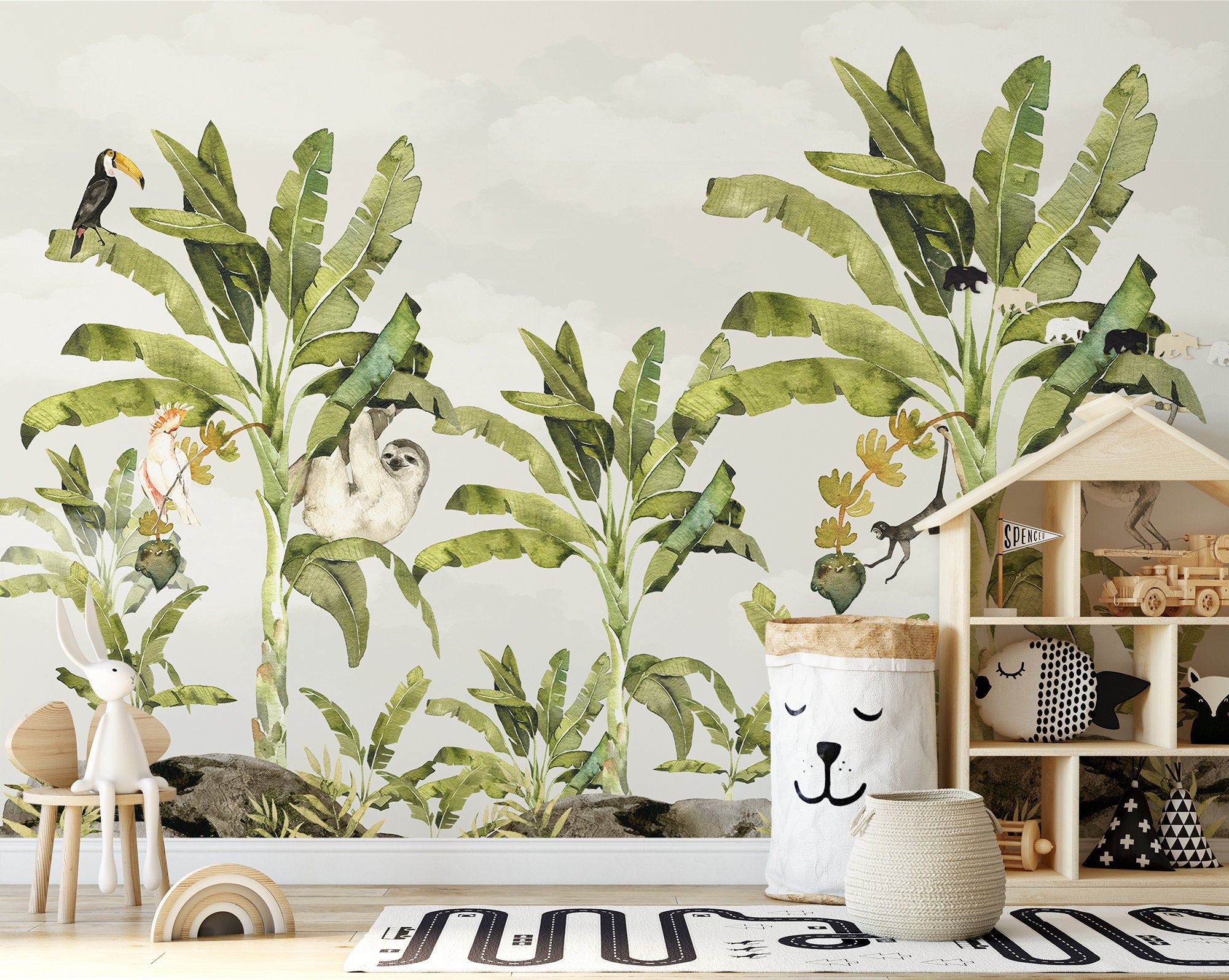 Baby Monkeys Playing on the Leaves Wallpaper Self Adhesive Peel & Stick Wall Sticker Wall Decoration Scandinavian Removable