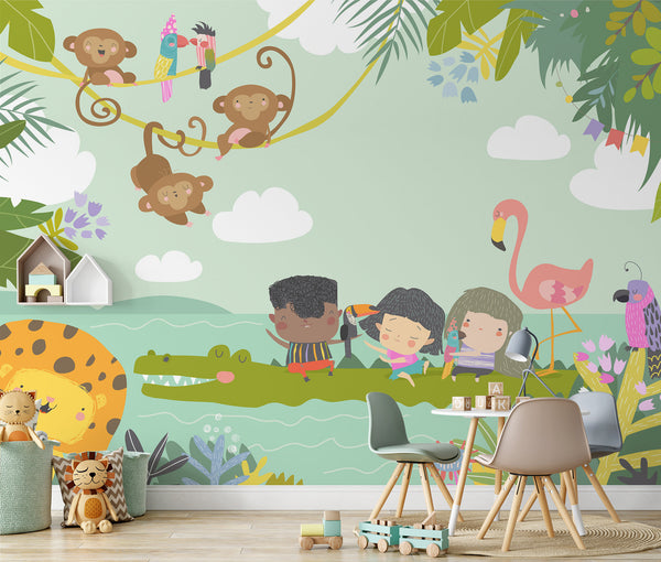 Children and Cute Baby Birds Monkeys Crocodile Flamingo Wallpaper Self Adhesive Peel & Stick Wall Sticker Wall Decoration Removable