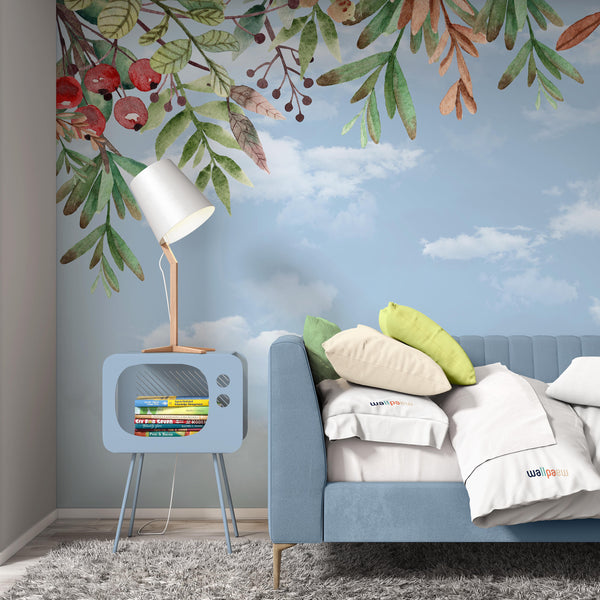 Cherry and Leaves Blue Sky Clouds Wallpaper Self Adhesive Peel and Stick Wall Sticker Wall Decoration Scandinavian Design Removable
