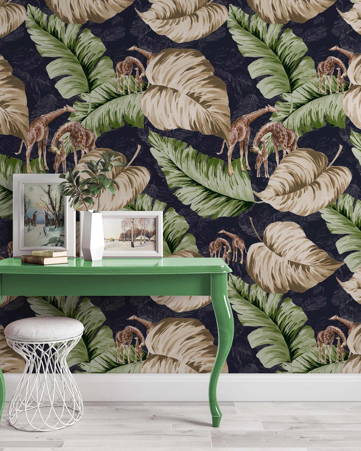 The Dark Background of the Rainforest&#39;s Dense Foliage Giraffe Family Wallpaper Self Adhesive Peel and Stick Wall Sticker Wall Decoration