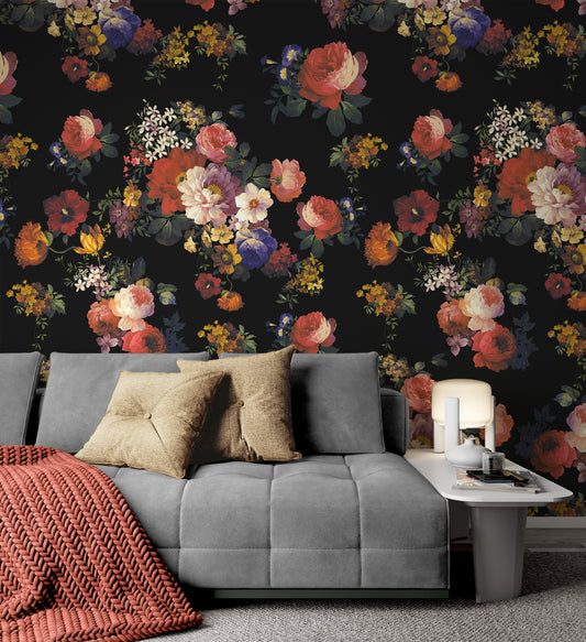 On a Black Background Gouache Peony Rose Wallpaper Self Adhesive Peel and Stick Wall Sticker Wall Decoration Scandinavian Design Removable