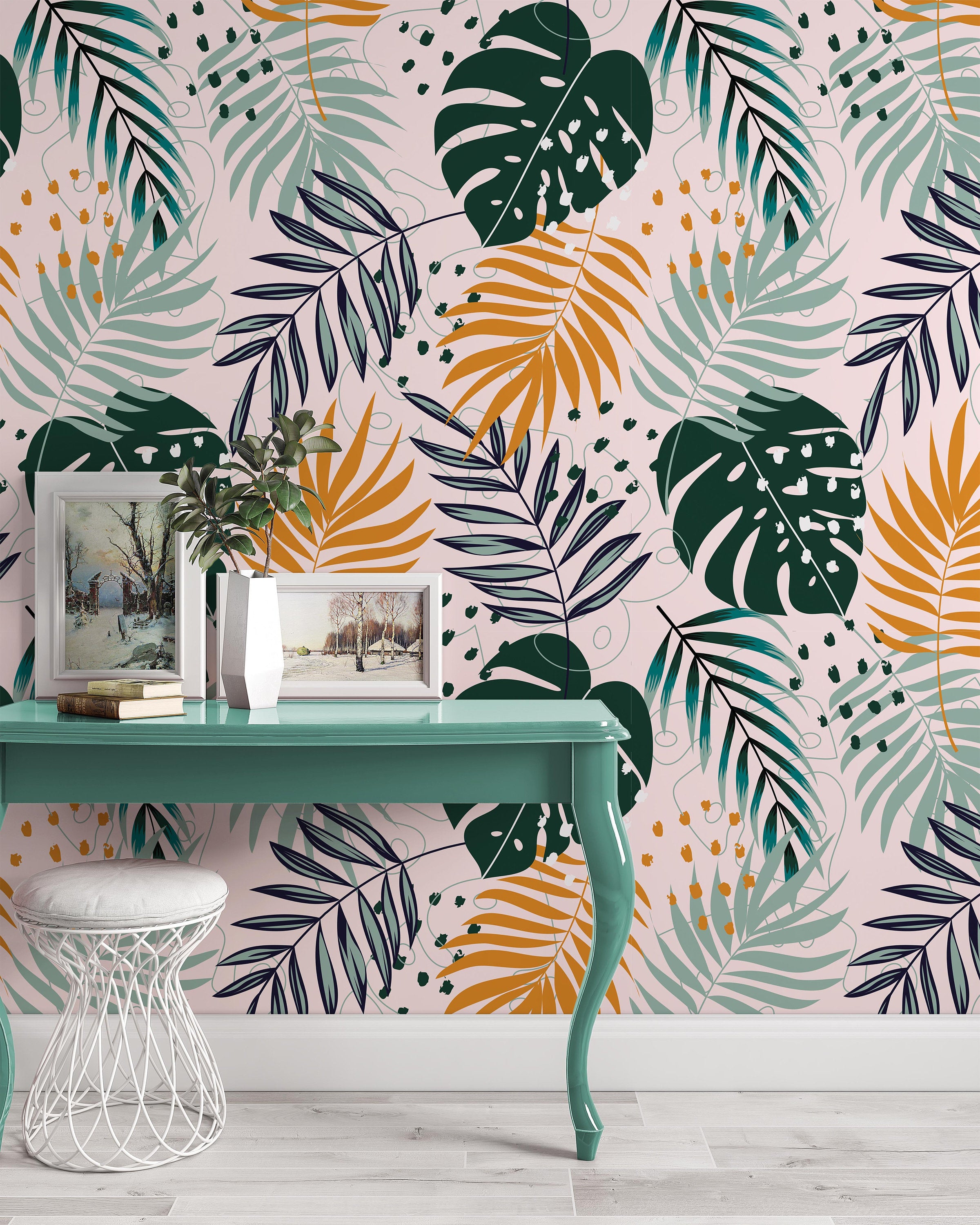 Abstract Tropical Leaves and Bright Plants Summer Trend Wallpaper Self Adhesive Peel and Stick Wall Sticker Wall Decoration Removable