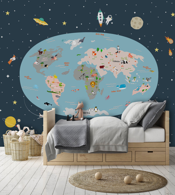 Earth Continents Spacecraft Stars Saturn Animals Space Wallpaper Self Adhesive Peel & Stick Wall Sticker Wall Decoration Removable