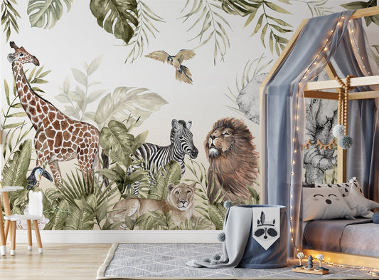 Wildlife in the Tropical Jungle Safari Lion Leopard Elephant Giraffe Zebra Bird Wallpaper Self Adhesive Peel & Stick Wall Sticker