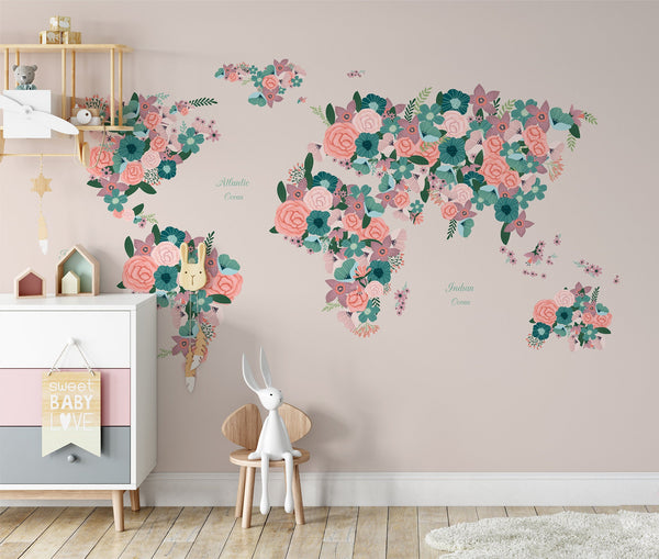 Flower Pattern Luxury World Map Wallpaper Self Adhesive Peel & Stick Home House Wall Decoration Scandinavian Minimalistic Design Removable