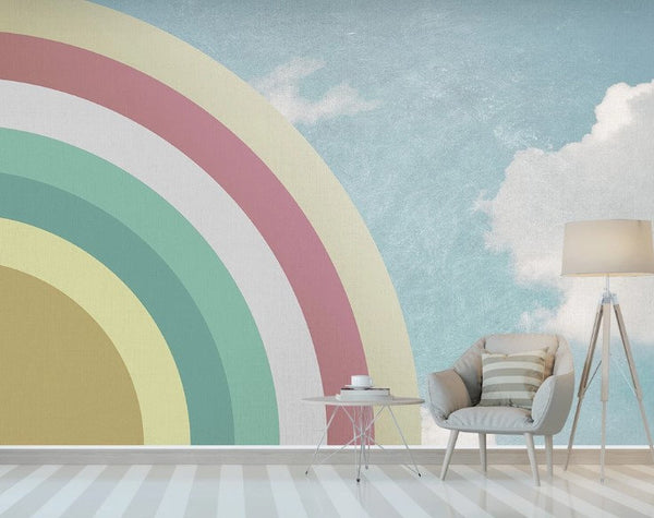 Blue Sky Half Rainbow and Clouds Wallpaper Self Adhesive Peel and Stick Wall Decoration Minimalistic Scandinavian Removable