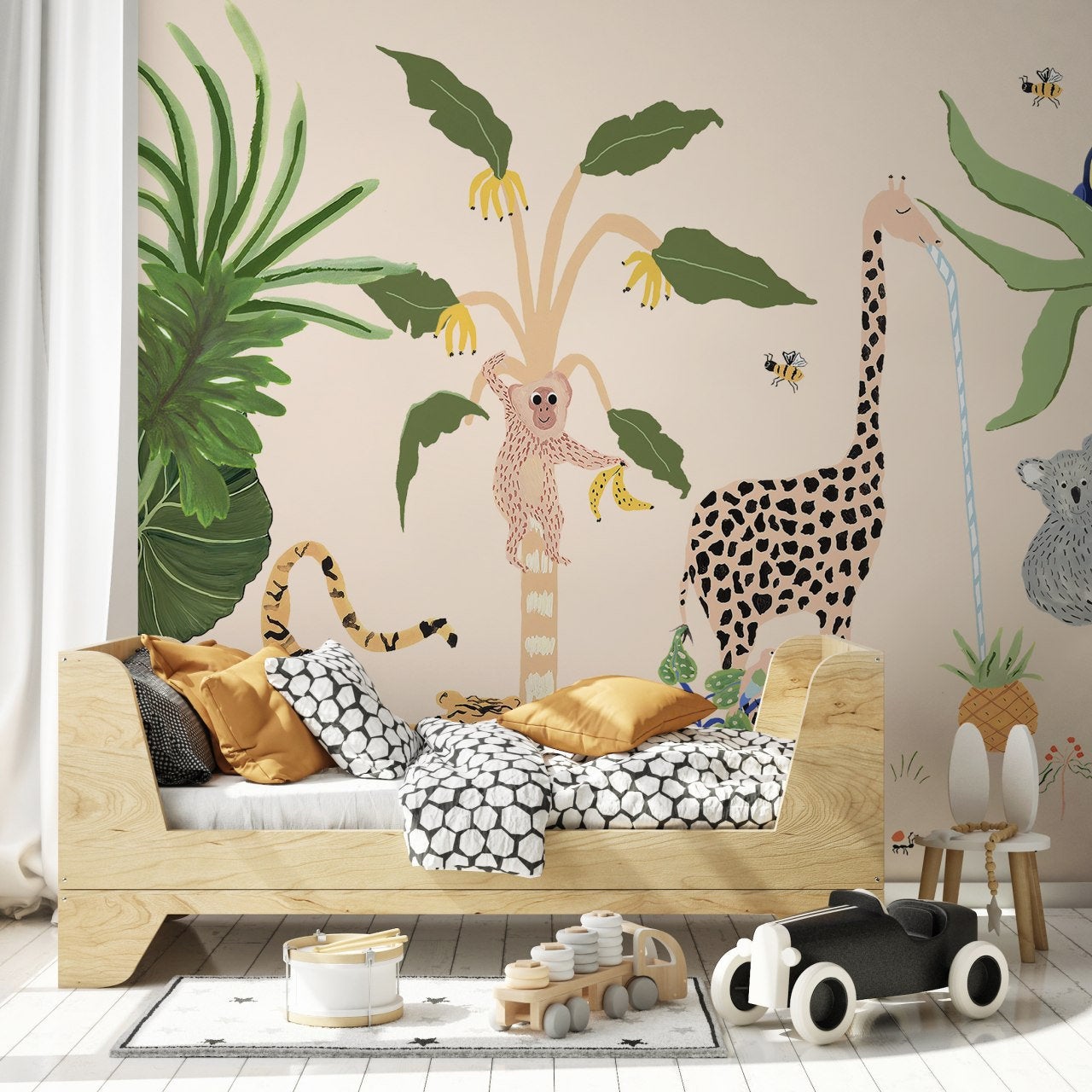 Banana Palm Tree Cute Giraffe Monkey Koala Parrot in Jungle Wallpaper Self Adhesive Peel &Stick Wall Sticker Wall Decoration Removable