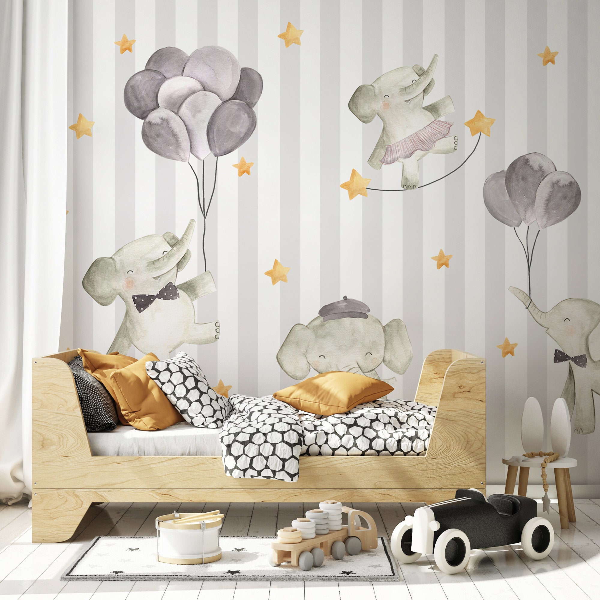 Cheerful Flying Baby Elephants Wallpaper Self Adhesive Peel and Stick Wall Sticker Wall Decoration Minimalistic Scandinavian Removable