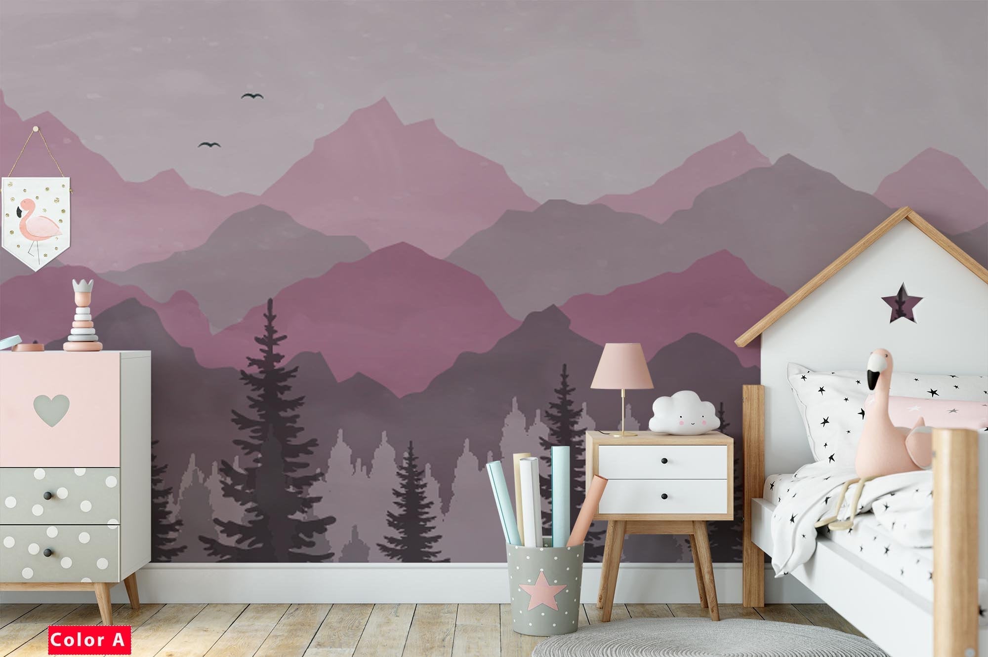 Foggy Forest Row Mountains Birds Wallpaper Self Adhesive Peel and Stick Wall Sticker Wall Decoration Minimalistic Scandinavian Removable
