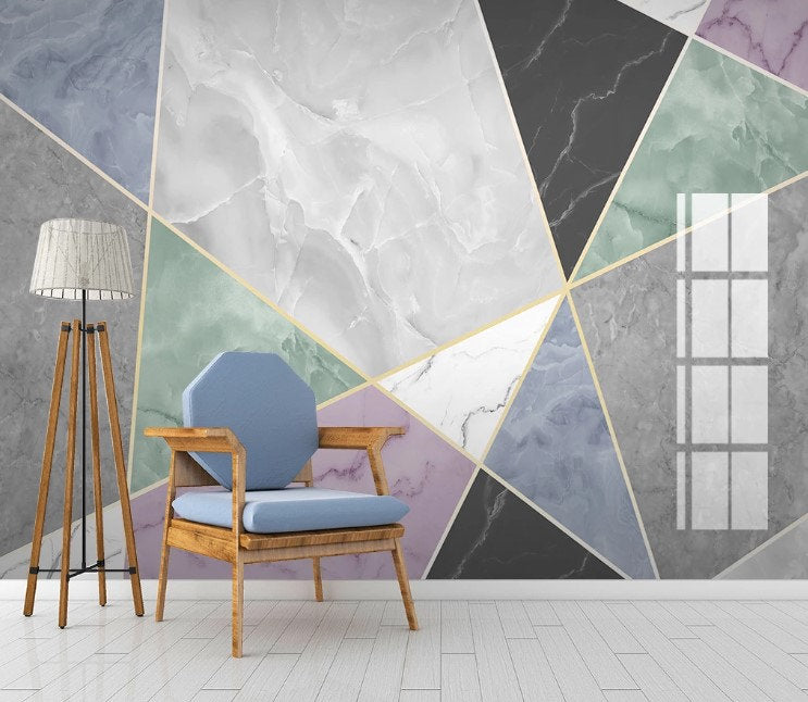 Geometric Triangle Shapes Marble Texture Wallpaper Self Adhesive Peel and Stick Wall Sticker Wall Decoration Scandinavian Removable