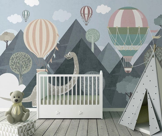 Baby Dinosaur Hot Air Balloons Wallpaper Self Adhesive Peel and Stick Wall Sticker Wall Decoration Minimalistic Scandinavian Removable