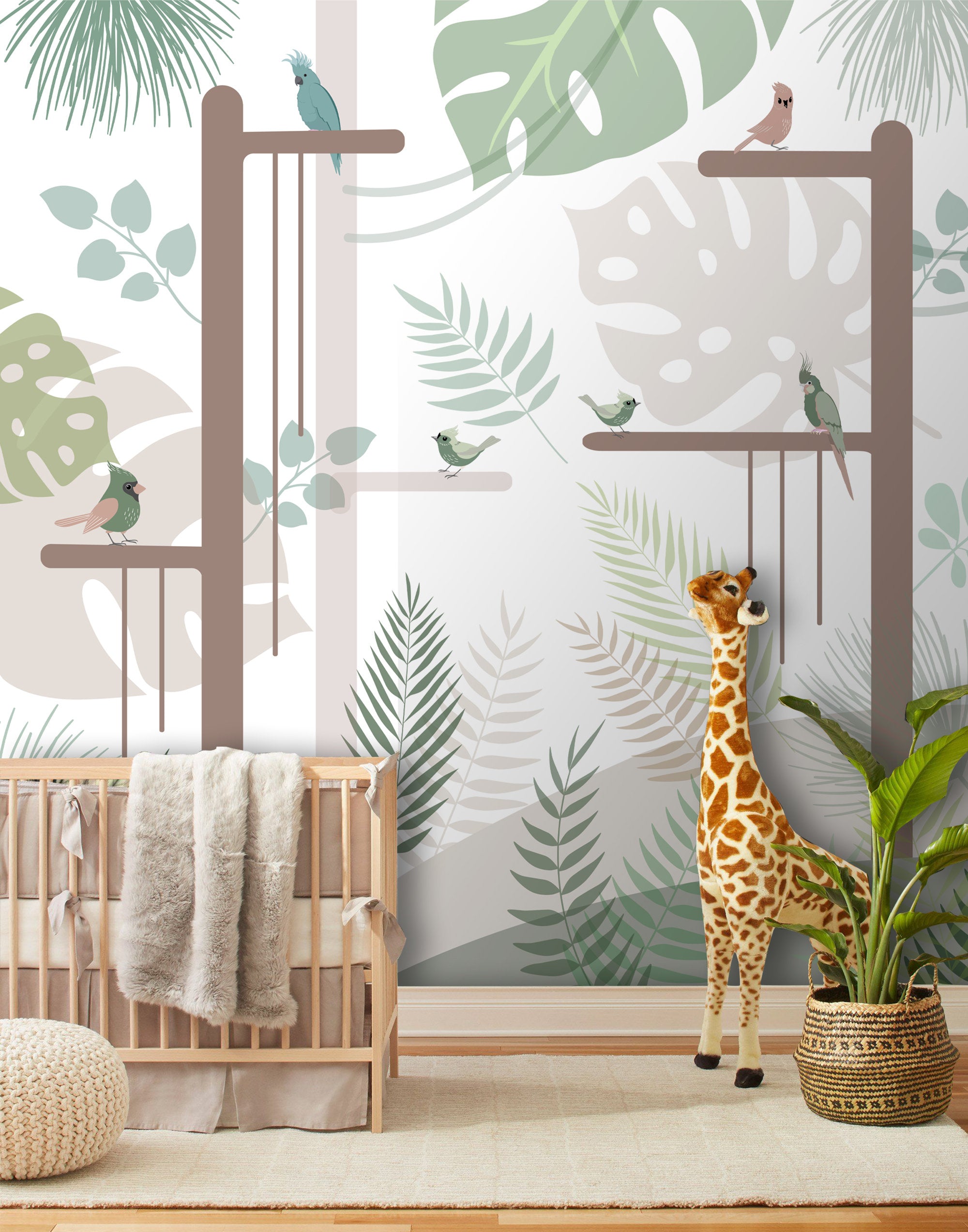Abstract Exotic Plant Leaves Birds Wallpaper Self Adhesive Peel and Stick Wall Sticker Wall Decoration Scandinavian Removable