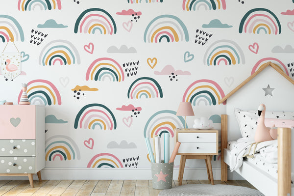 Hand Draw Rainbows Hearts Rain Clouds Wallpaper Self Adhesive Peel & Stick Wall Decoration Minimalistic Scandinavian Removable