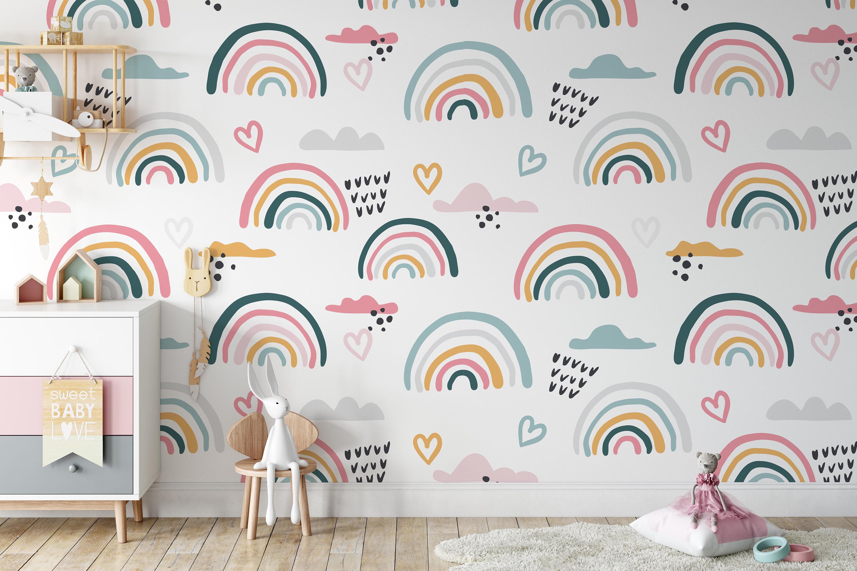 Hand Draw Rainbows Hearts Rain Clouds Wallpaper Self Adhesive Peel & Stick Wall Decoration Minimalistic Scandinavian Removable