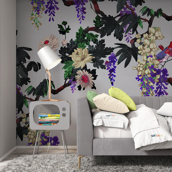 Colorful Flowers on The Gray Background Wallpaper Self Adhesive Peel and Stick Wall Sticker Wall Decoration Scandinavian Design Removable