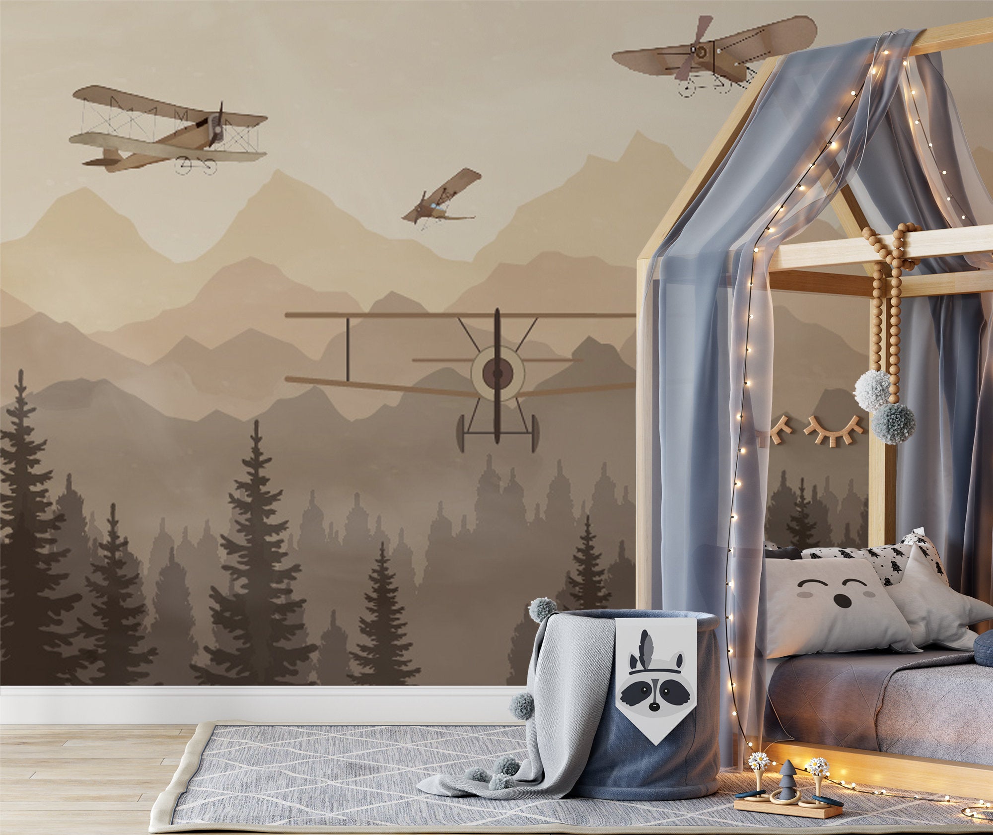 Vintage Airplanes Foggy Forest Row a Mountains Wallpaper Self Adhesive Peel and Stick Wall Sticker Wall Decoration Removable