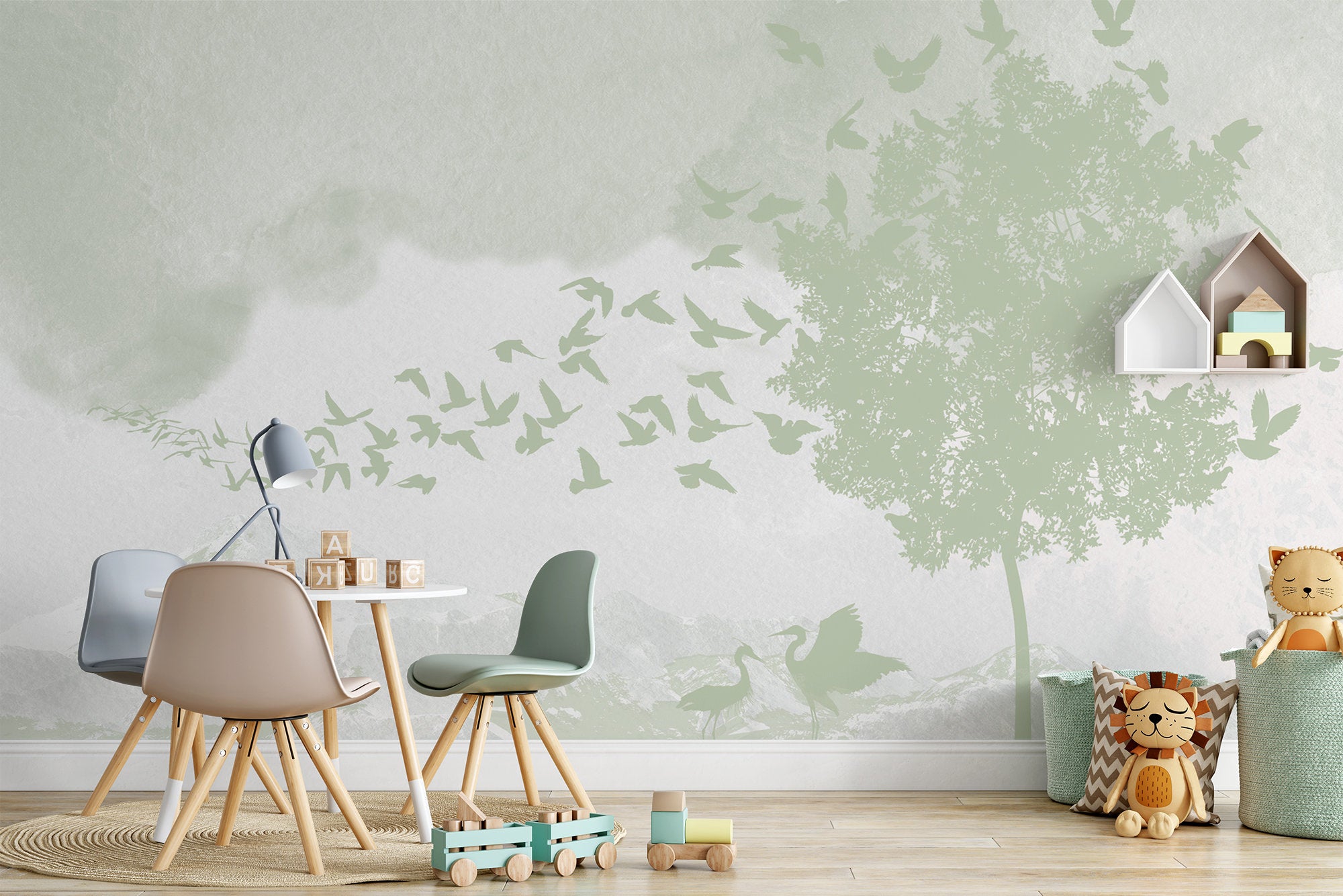 Abstract Tree Herd of Birds Snowy Mountains Clouds Wallpaper Self Adhesive Peel and Stick Wall Sticker Wall Decoration Removable
