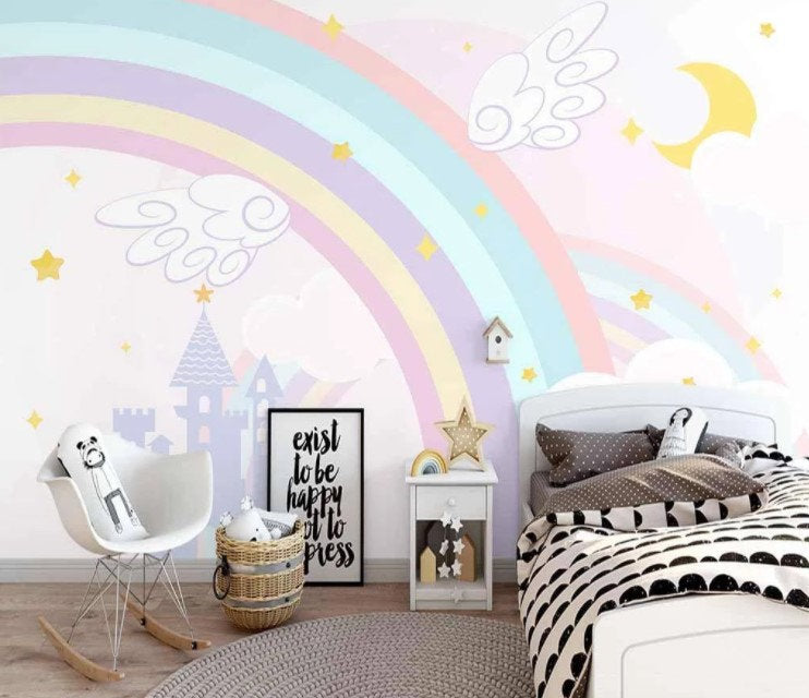 Soft Colors Abstract Castle Rainbow with Wings Wallpaper Self Adhesive Peel and Stick Wall Decoration Removable