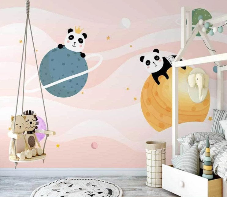 Planets and Pandas on the Pinkish Background Wallpaper Self Adhesive Peel and Stick Wall Sticker Wall Decoration Removable