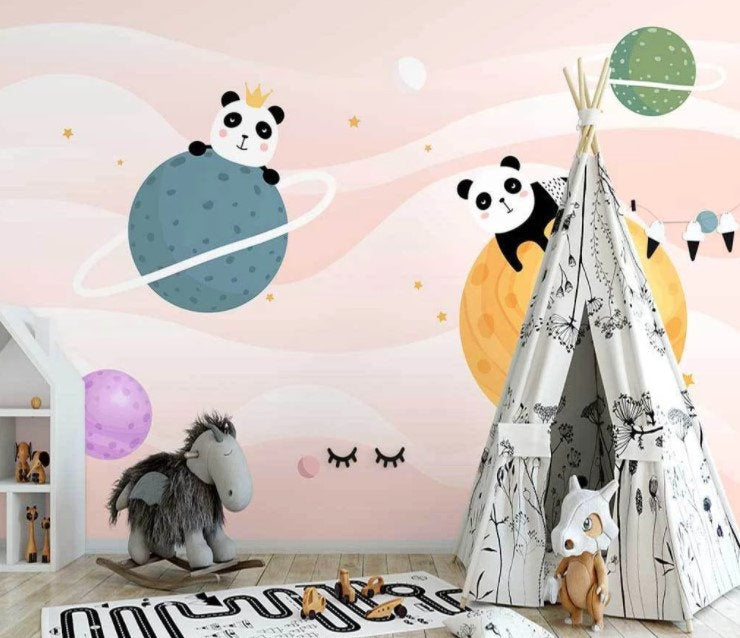 Planets and Pandas on the Pinkish Background Wallpaper Self Adhesive Peel and Stick Wall Sticker Wall Decoration Removable