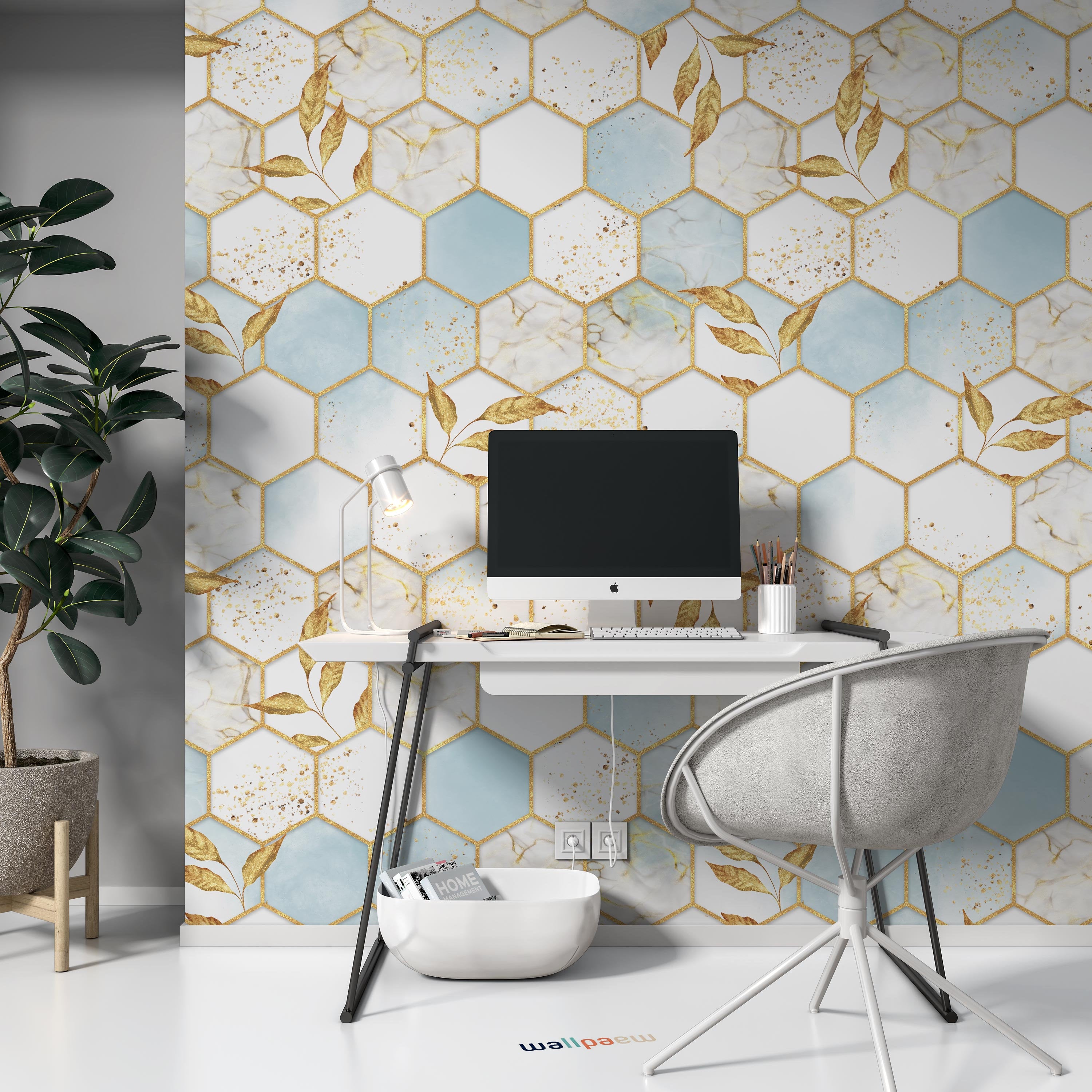 Marble Hexagon Texture with Golden Leaves Abstract Geometric Background Wallpaper Self Adhesive Peel & Stick Wall Sticker Wall Decoration