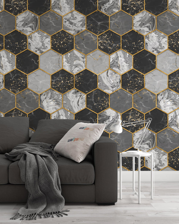 Marble Hexagon Texture with Gold Abstract Geometric Shapes Background Wallpaper Self Adhesive Peel & Stick Wall Sticker Wall Decoration