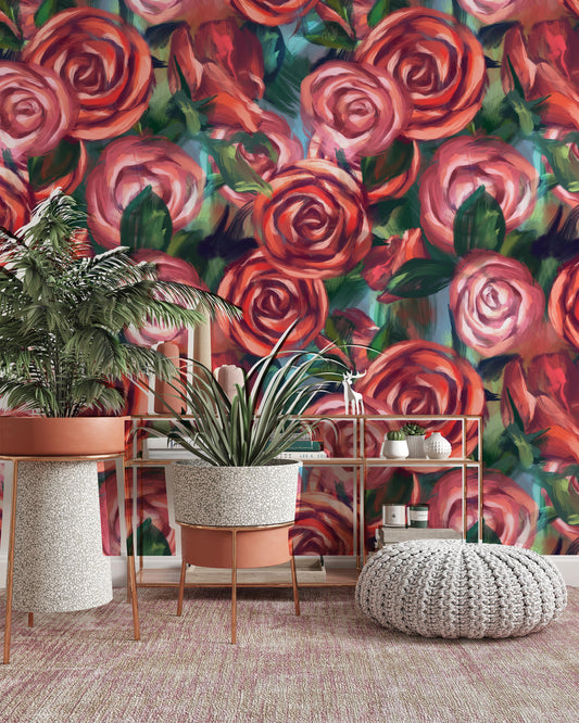 Roses Oil Painted Floral Pattern Flowers Wallpaper Self Adhesive Peel and Stick Wall Sticker Wall Decoration Scandinavian Design Removable