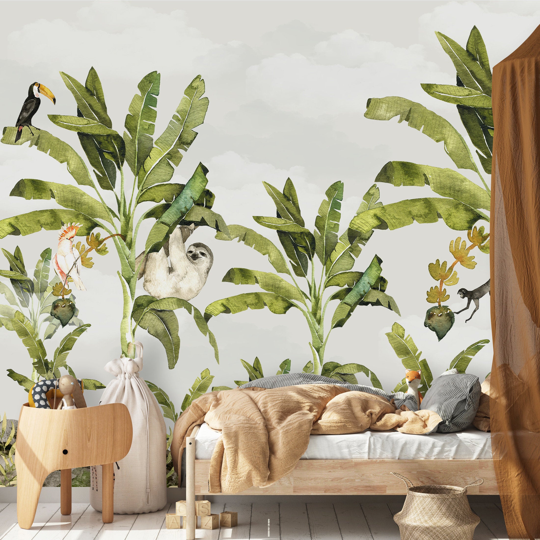 Baby Monkeys Playing on the Leaves Wallpaper Self Adhesive Peel & Stick Wall Sticker Wall Decoration Scandinavian Removable