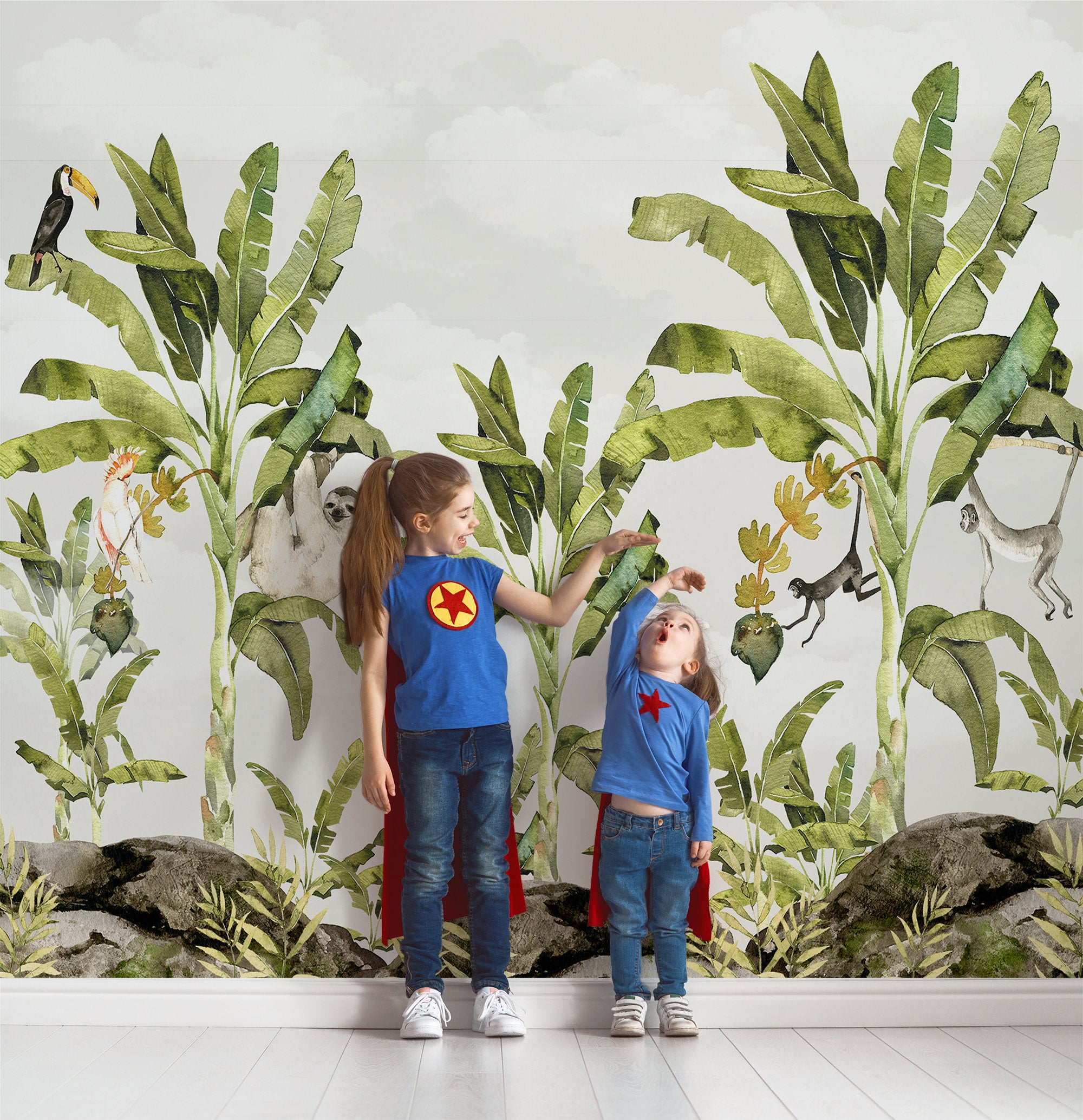 Baby Monkeys Playing on the Leaves Wallpaper Self Adhesive Peel & Stick Wall Sticker Wall Decoration Scandinavian Removable