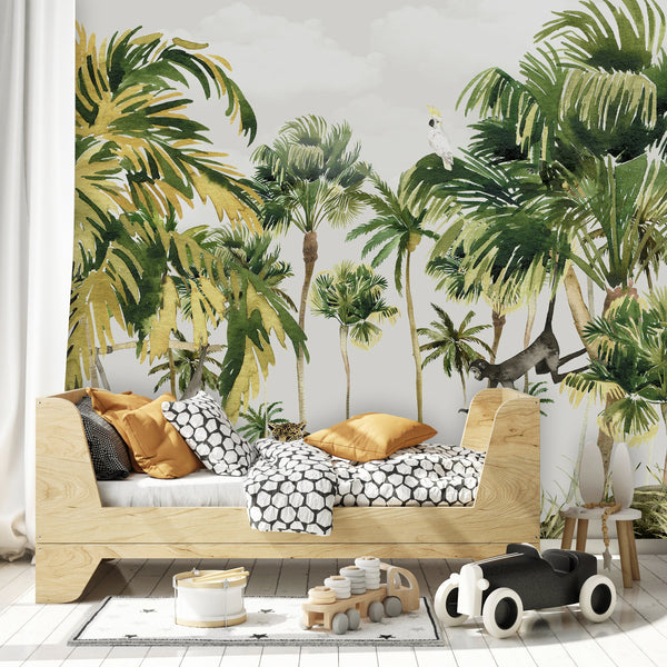 Green Trees White Birds and Monkeys Leopard Wallpaper Self Adhesive Peel & Stick Wall Sticker Wall Decoration Scandinavian Removable