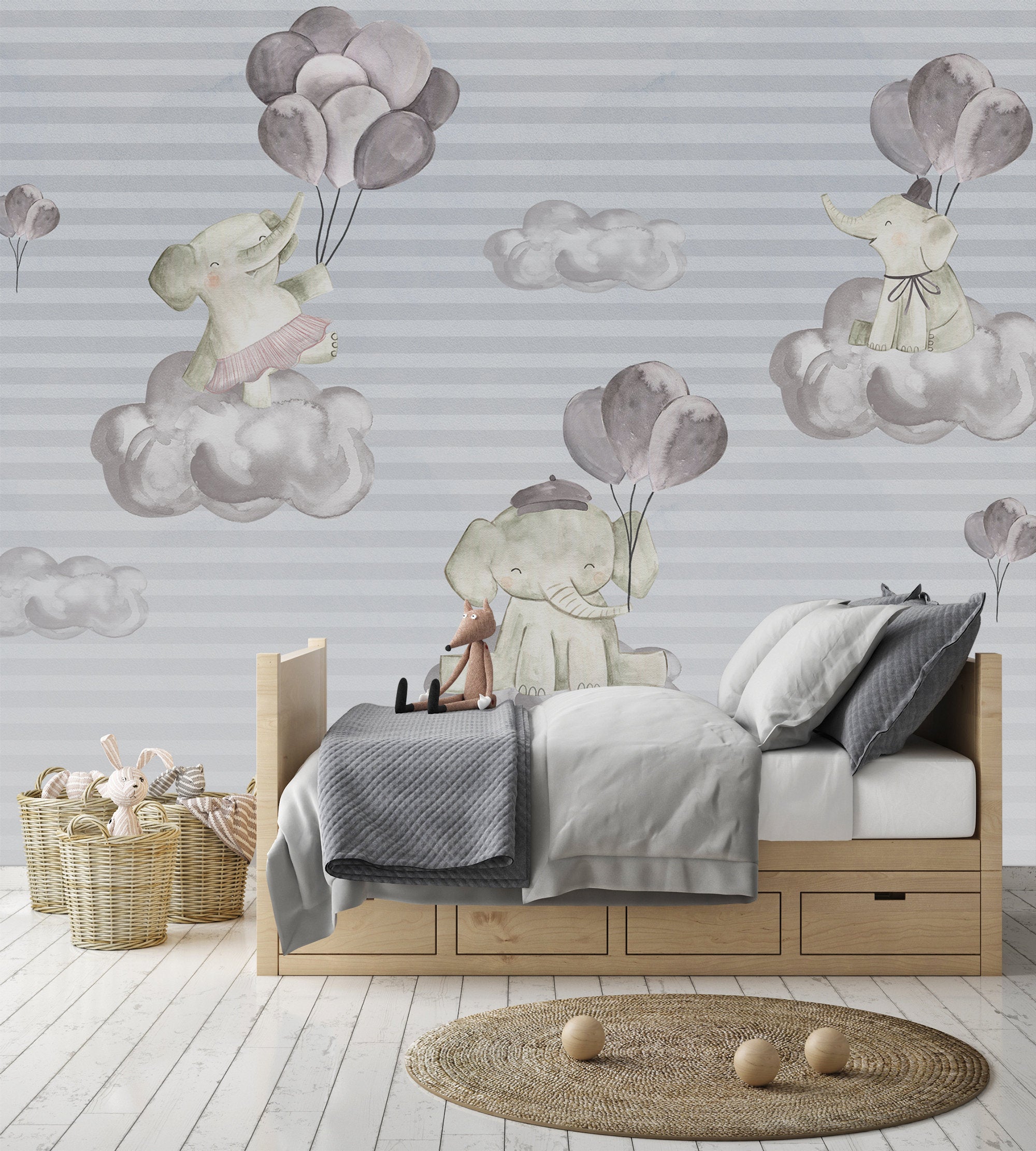Cute Baby Elephants Above the Clouds Wallpaper Self Adhesive Peel and Stick Wall Sticker Wall Decoration Minimalistic Scandinavian Removable