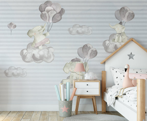 Cute Baby Elephants Above the Clouds Wallpaper Self Adhesive Peel and Stick Wall Sticker Wall Decoration Minimalistic Scandinavian Removable